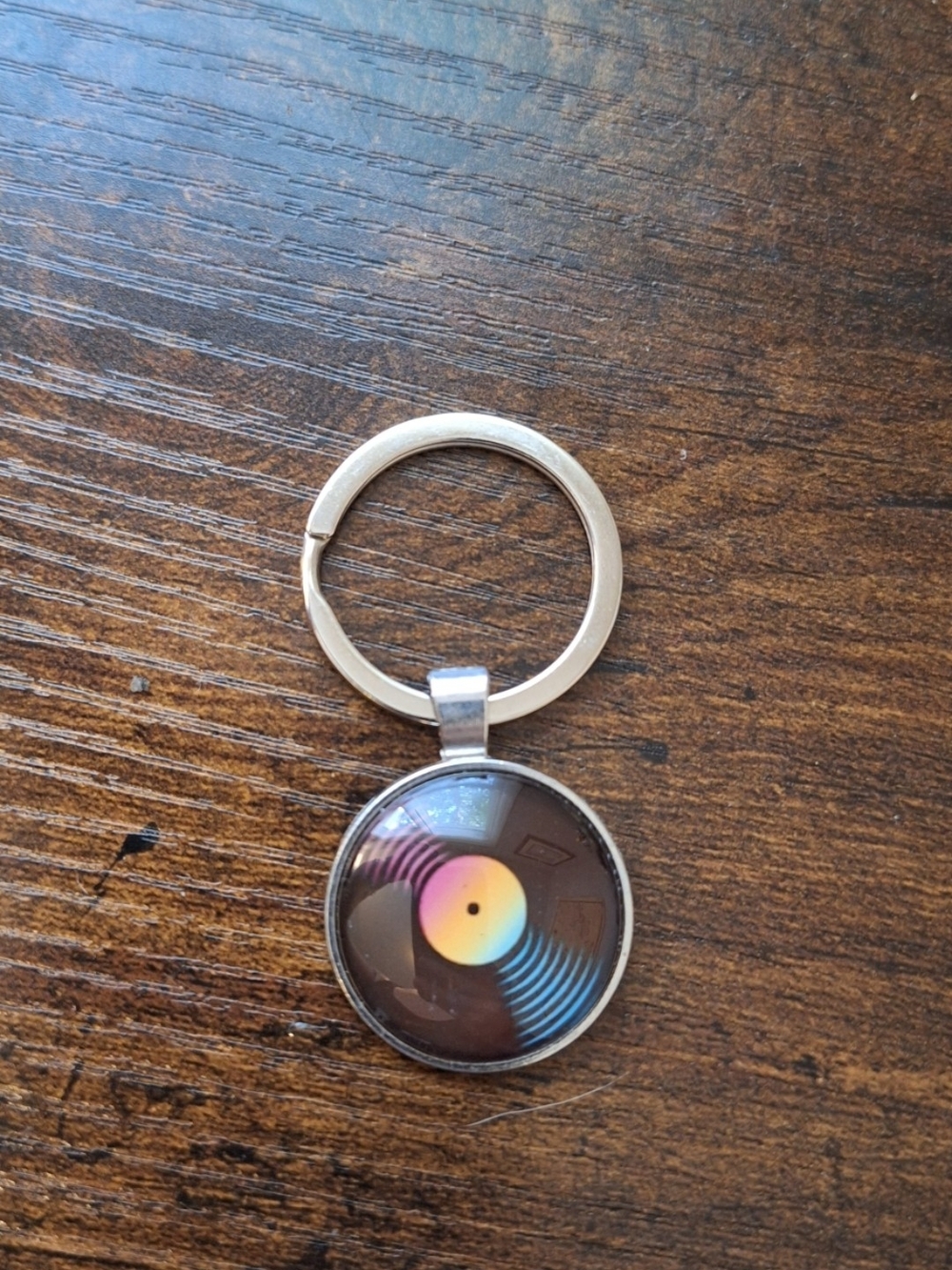Vintage Silver Keychain with Multicolor Vinyl Record Charm